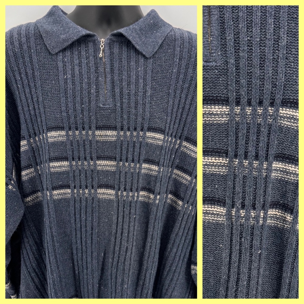Pazzo Quarter Zip Sweater Mens 3X Blue Striped Ribbed Ramie Cotton Pullover